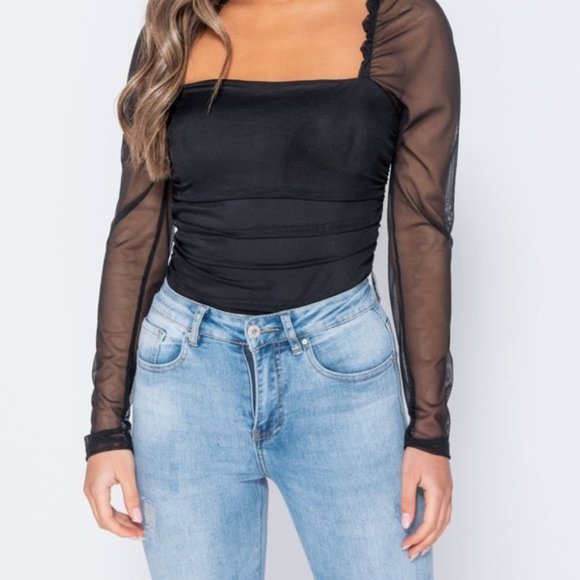 Chic Simplicity Black Mesh Sleeve Bodysuit - Picture 5 of 8